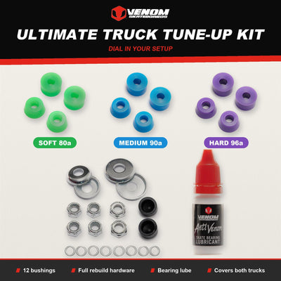 Venom Ultimate Skateboard Truck Tune-Up Kit - Rebuild Kit, Soft, Medium & Hard Bushings & Bearing Lube
